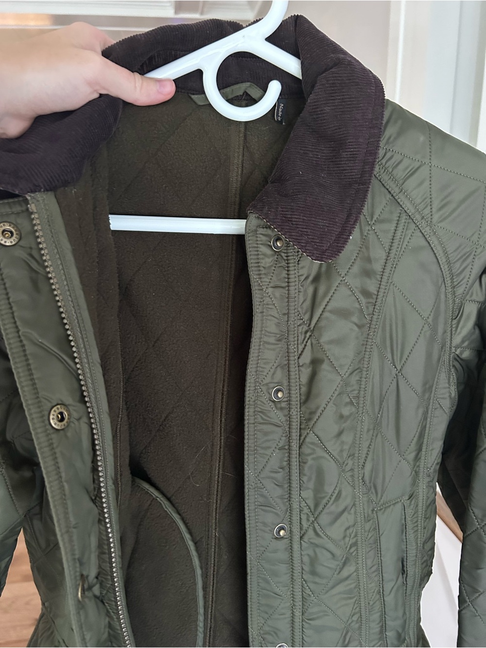 Barbour Olive Quilted Utility Jacket with Dark Brown Corduroy Collar - Picture 2 of 3